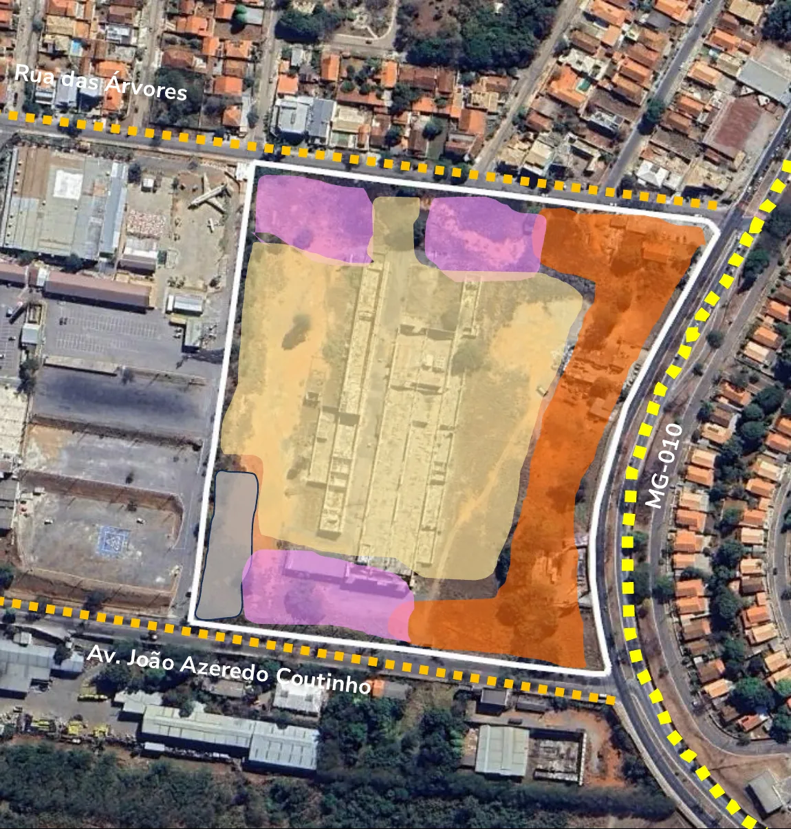 Vista aérea com a destinação proposta: faixa laranja de grandes equipamentos na MG-010, áreas rosa de uso misto nas vias laterais, área bege de condomínio residencial no miolo e área cinza de reserva institucional.